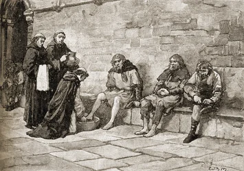 Thomas Becket (n.1118-70) pesemässä kerjäläisten jalkoja.
